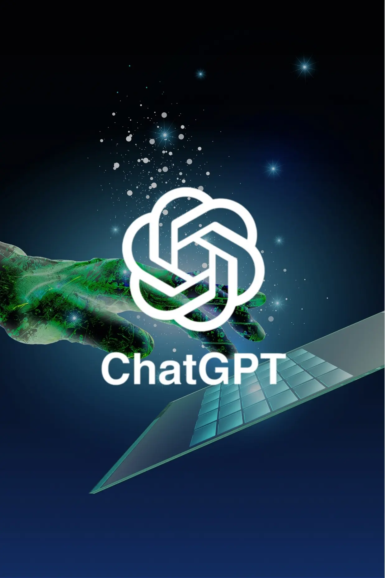 IA CHATGPT | Cekome Illustration futuriste d'une main numérique interagissant avec un clavier virtuel, surmontée du logo de ChatGPT en lumière blanche sur fond galactique.