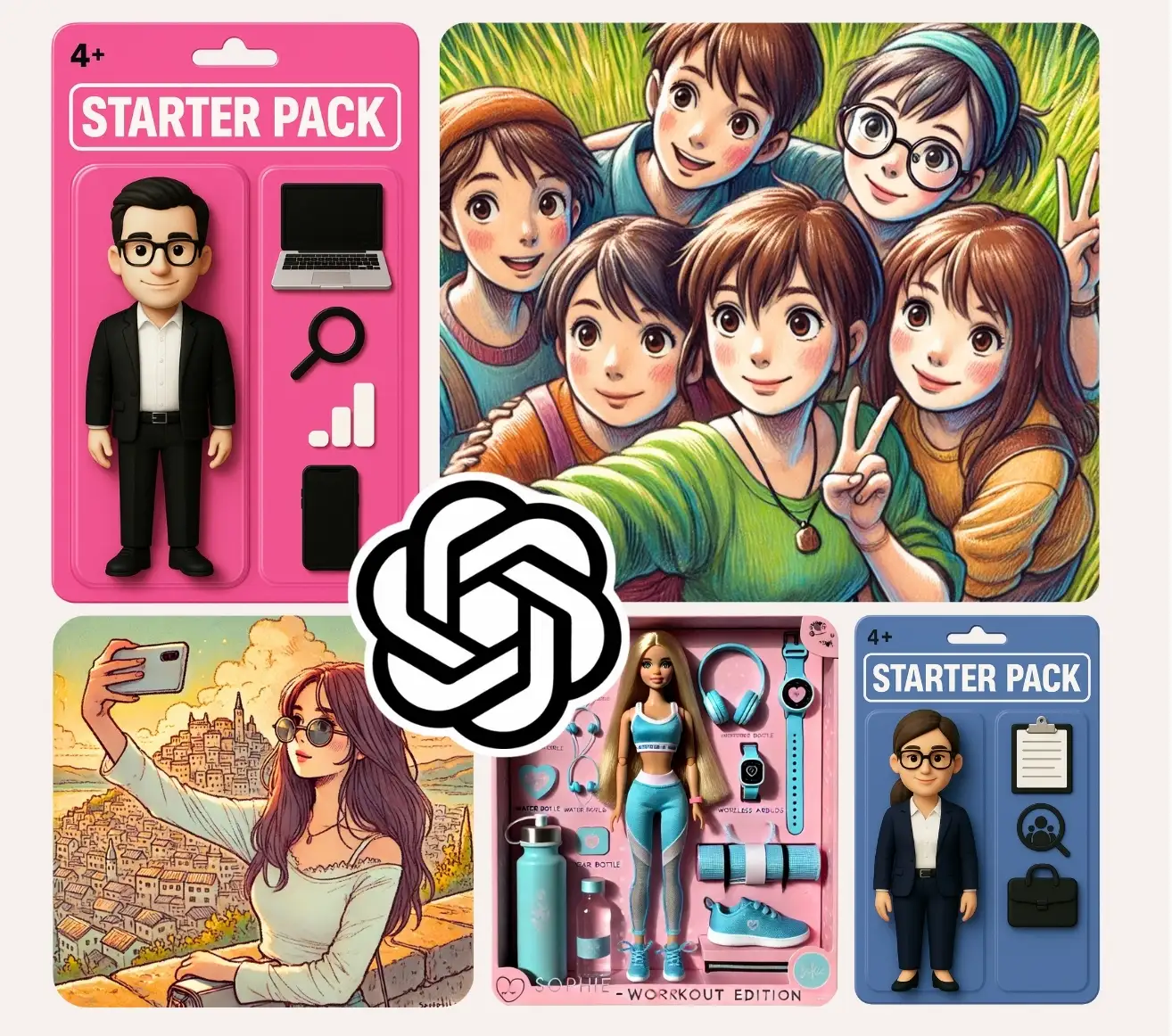 Mosaïque illustrée de tendances numériques, incluant des packs métiers stylisés, des portraits de groupe façon anime, une influenceuse en selfie et une figurine de fitness avec ses accessoires.