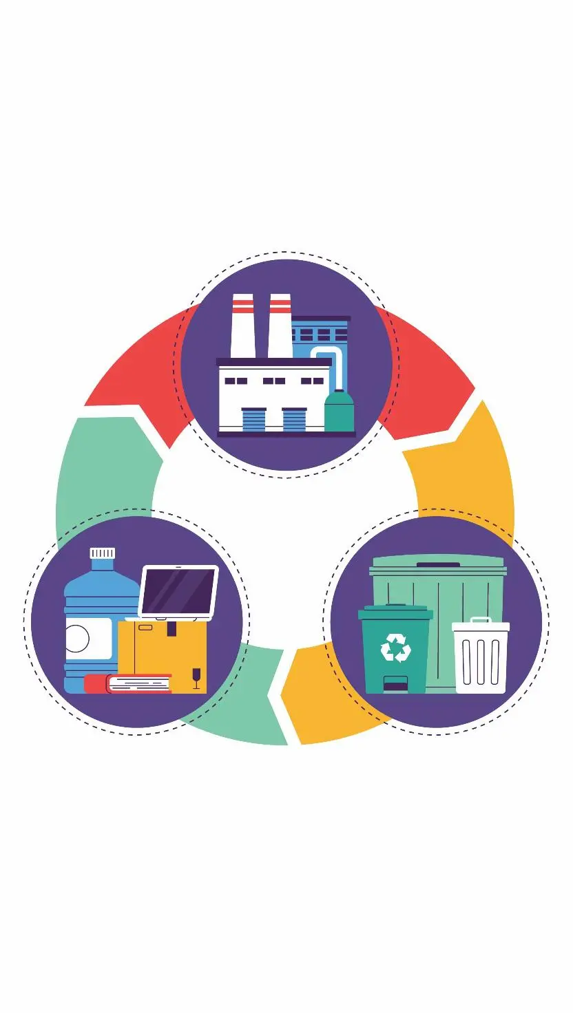 FREEPIK__EXPAND__49523 | Cekome Illustration du cycle du recyclage avec des icônes représentant une usine, des déchets triés et des poubelles de recyclage.