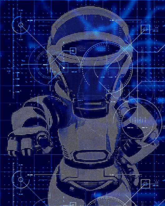 IA | Cekome Illustration numérique futuriste d'un robot humanoïde en réalité augmentée avec interface technologique.