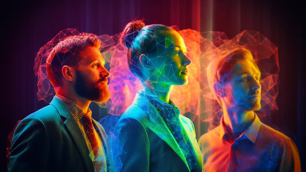 PEOPLE 8135977_1280 | Cekome Trois professionnels en tenue de travail, illuminés par des lumières néon et entourés de structures polygonales colorées, symbolisant l’innovation et la technologie.