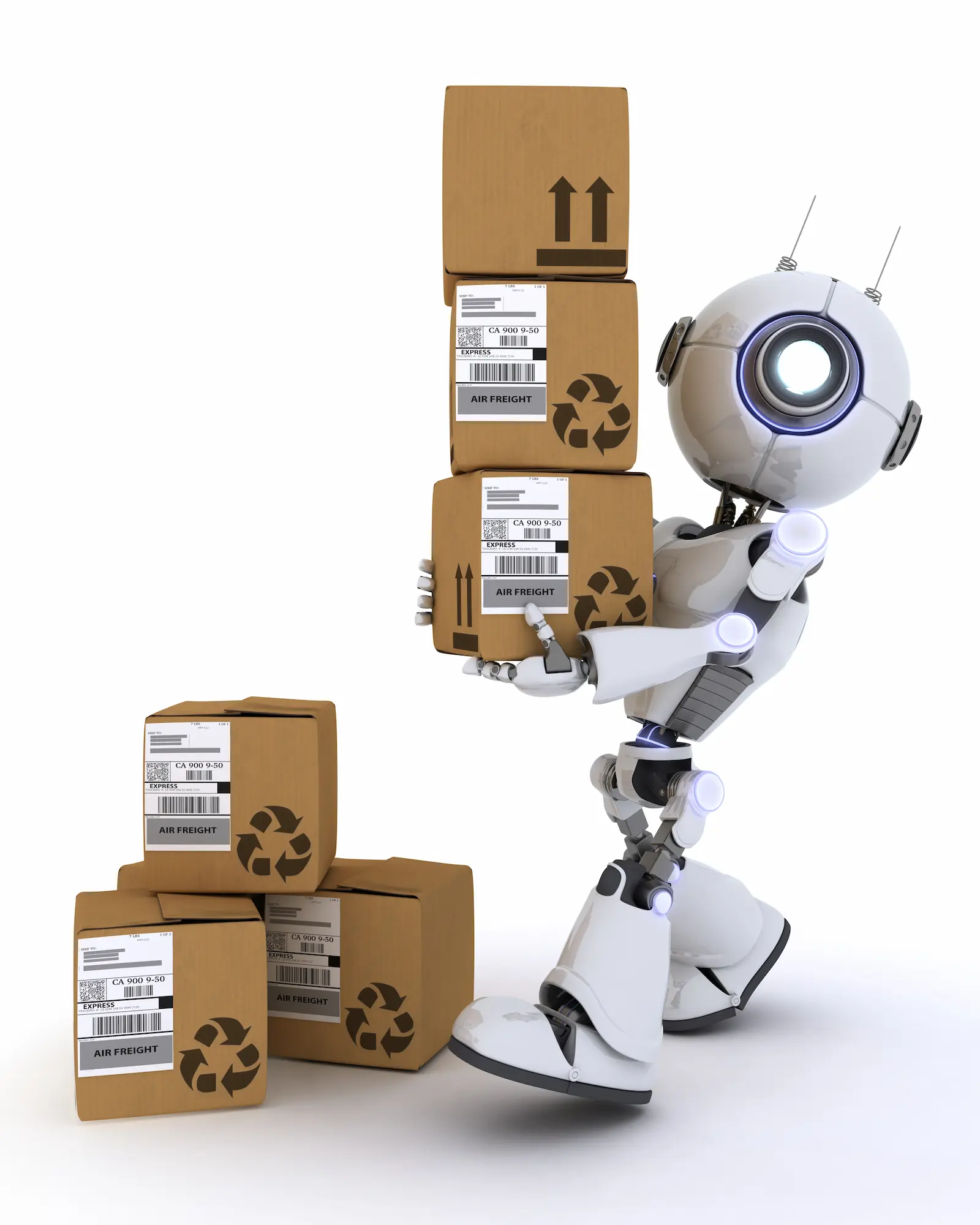 ROBOT WITH SEVERAL SHIPPING BOXES | Cekome Robot humanoïde transportant des cartons recyclables avec des symboles de recyclage et d’expédition.