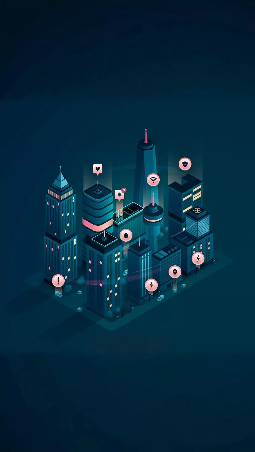 SMART CITIES | Cekome Illustration isométrique d'une ville intelligente connectée, avec des icônes représentant l'IoT, l'énergie et la communication numérique.