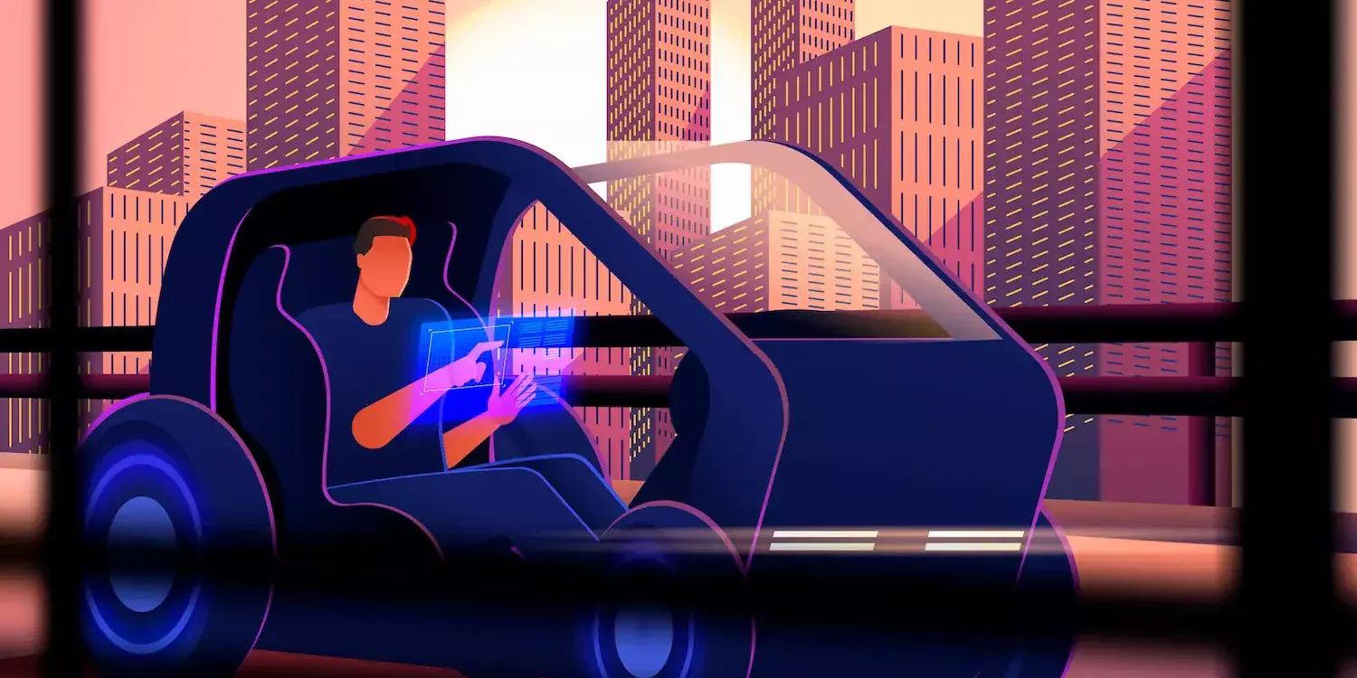 Illustration futuriste d'une voiture autonome avec un conducteur utilisant une interface holographique en pleine ville.