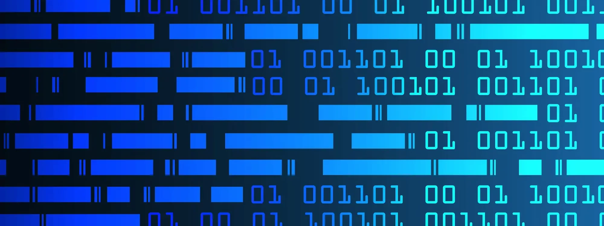 Illustration de code binaire bleu sur fond sombre, représentant le traitement des données et la technologie numérique.