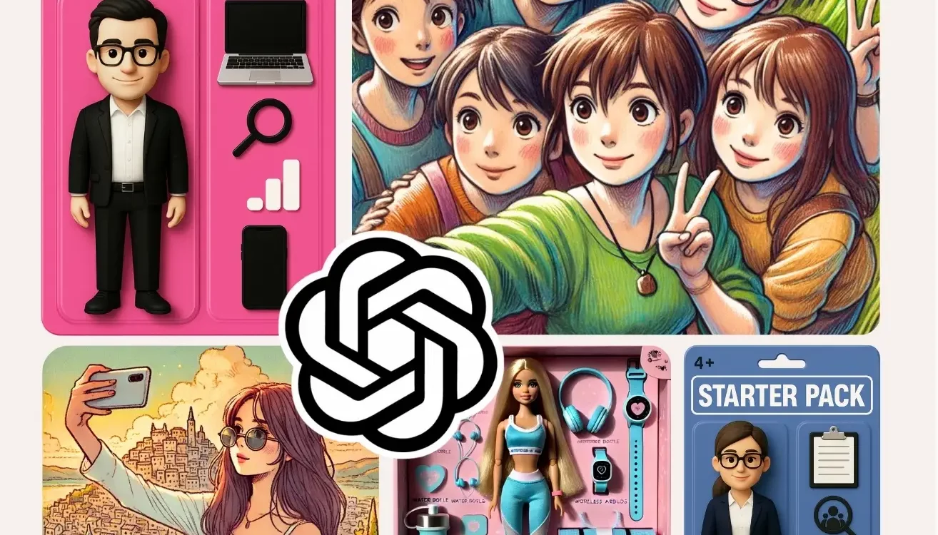 Mosaïque illustrée de tendances numériques, incluant des packs métiers stylisés, des portraits de groupe façon anime, une influenceuse en selfie et une figurine de fitness avec ses accessoires.