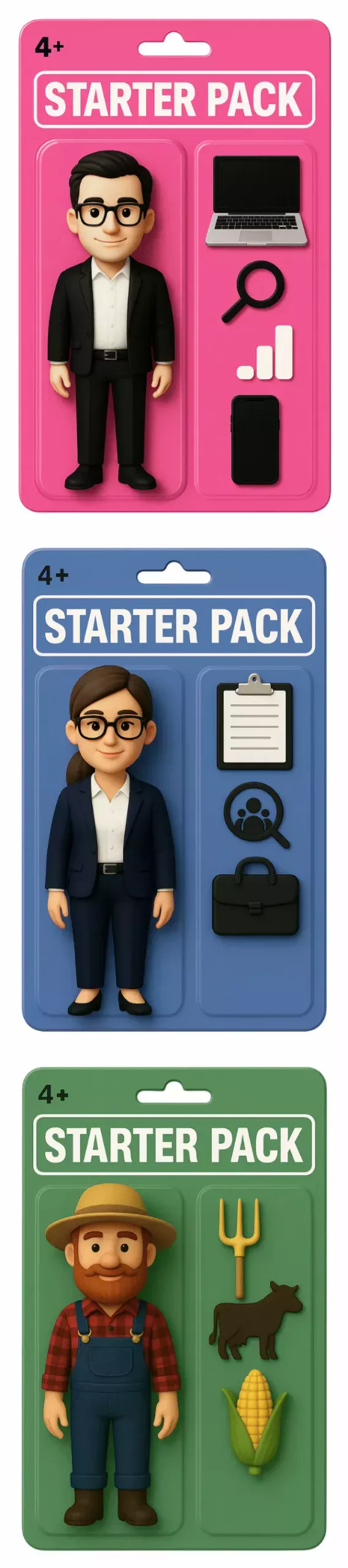 TENDANCES IA CHATGPT SCALED | Cekome Trois starter packs illustrés représentant différents métiers : professionnel du numérique, gestionnaire RH et agriculteur, chacun accompagné d’accessoires typiques de leur domaine.