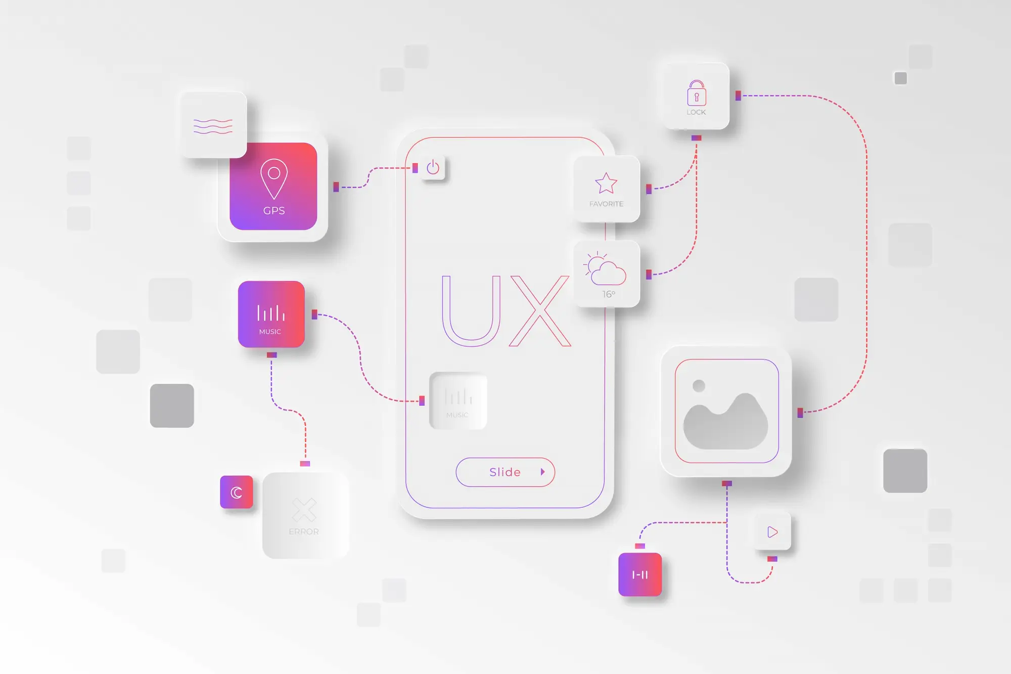16695771_5779230 | Cekome Illustration d’un concept UX design avec interface mobile connectée à diverses icônes comme GPS, musique, météo et sécurité sur fond clair
