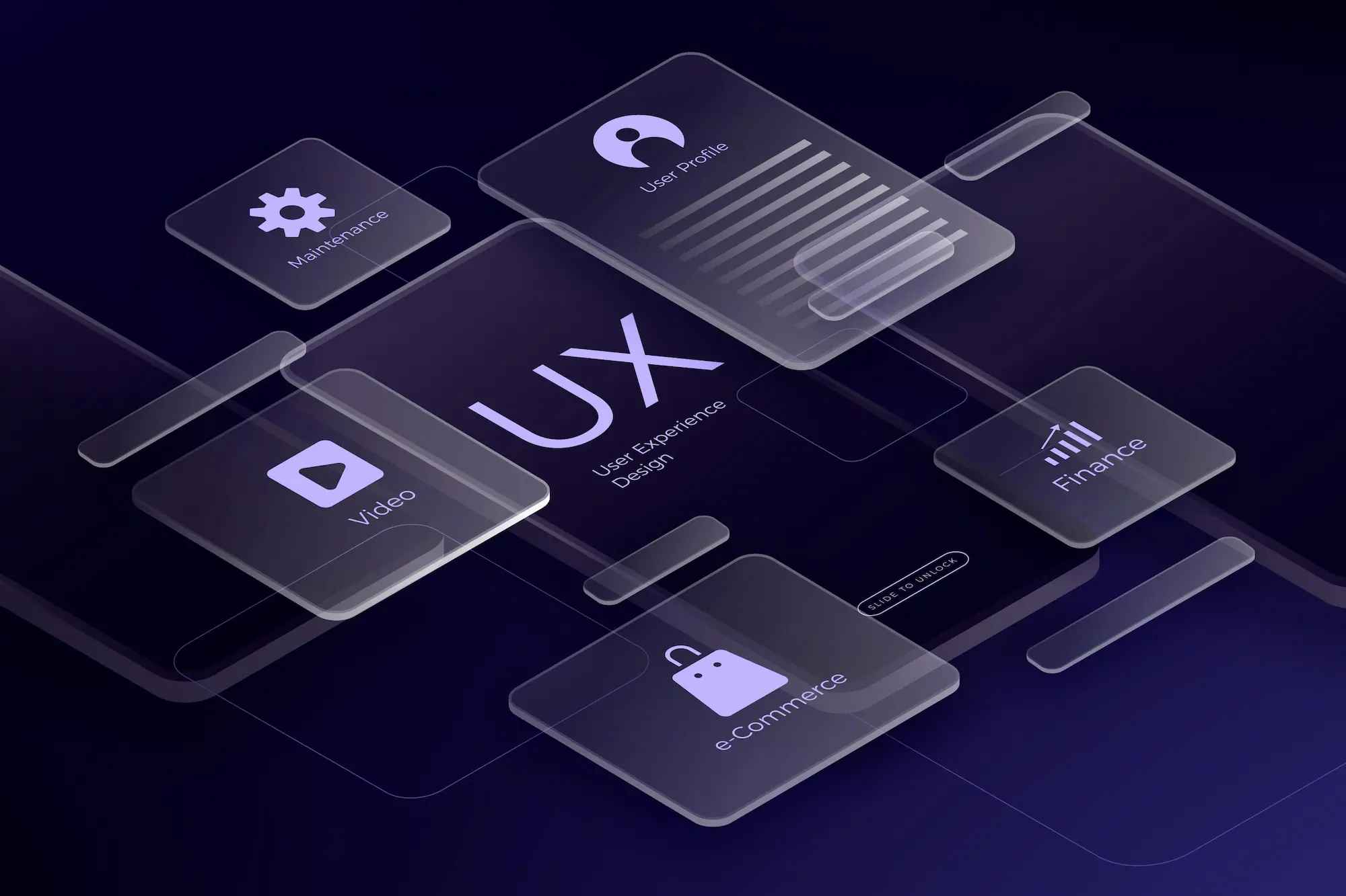 Illustration d’une interface UX design avec icônes transparentes représentant différents secteurs comme e-commerce, finance, maintenance et vidéo