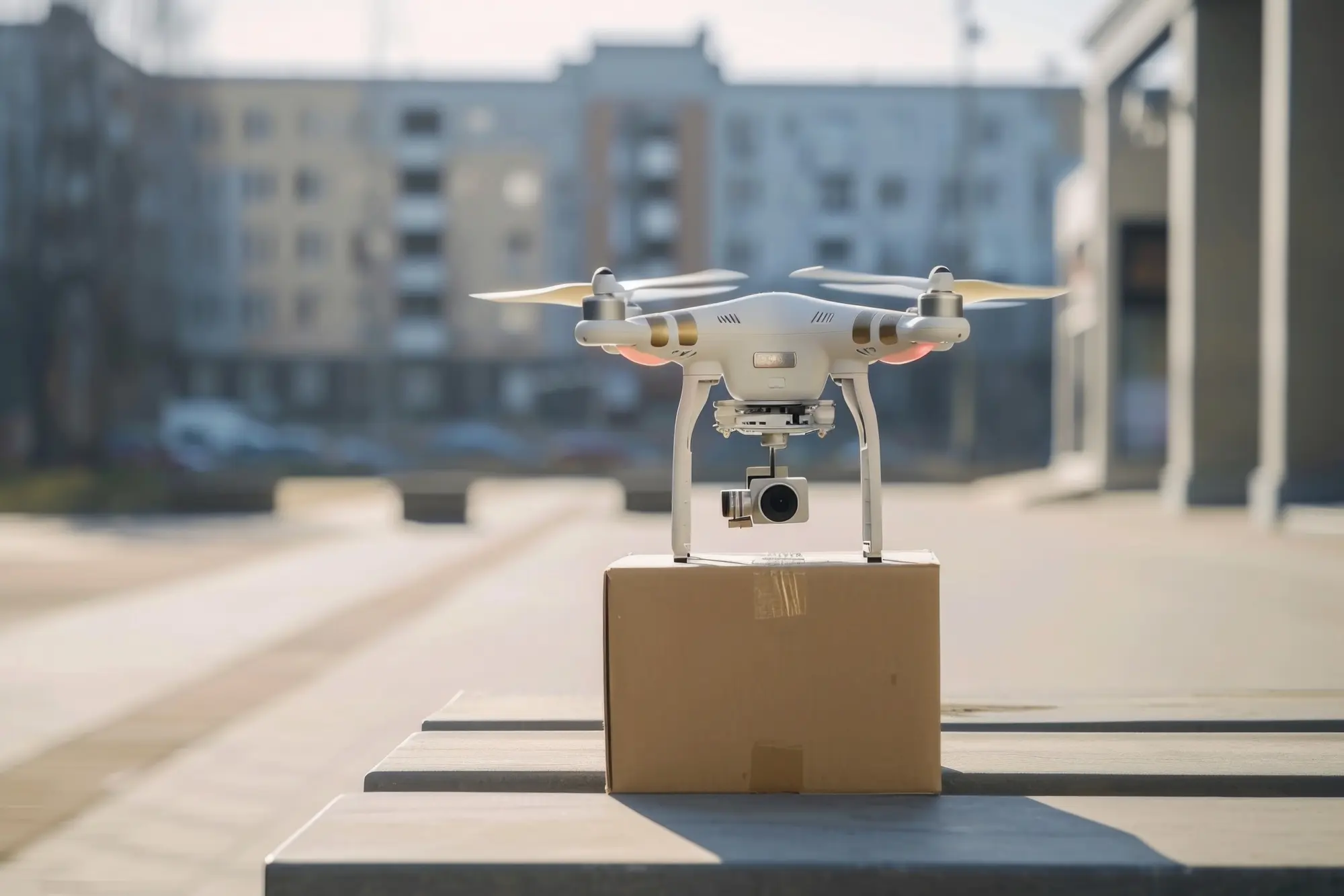 2151189358 | Cekome Drone blanc équipé d’une caméra, posé sur un carton dans un environnement urbain, illustrant l’utilisation d’agents autonomes pour la livraison ou la surveillance en ville