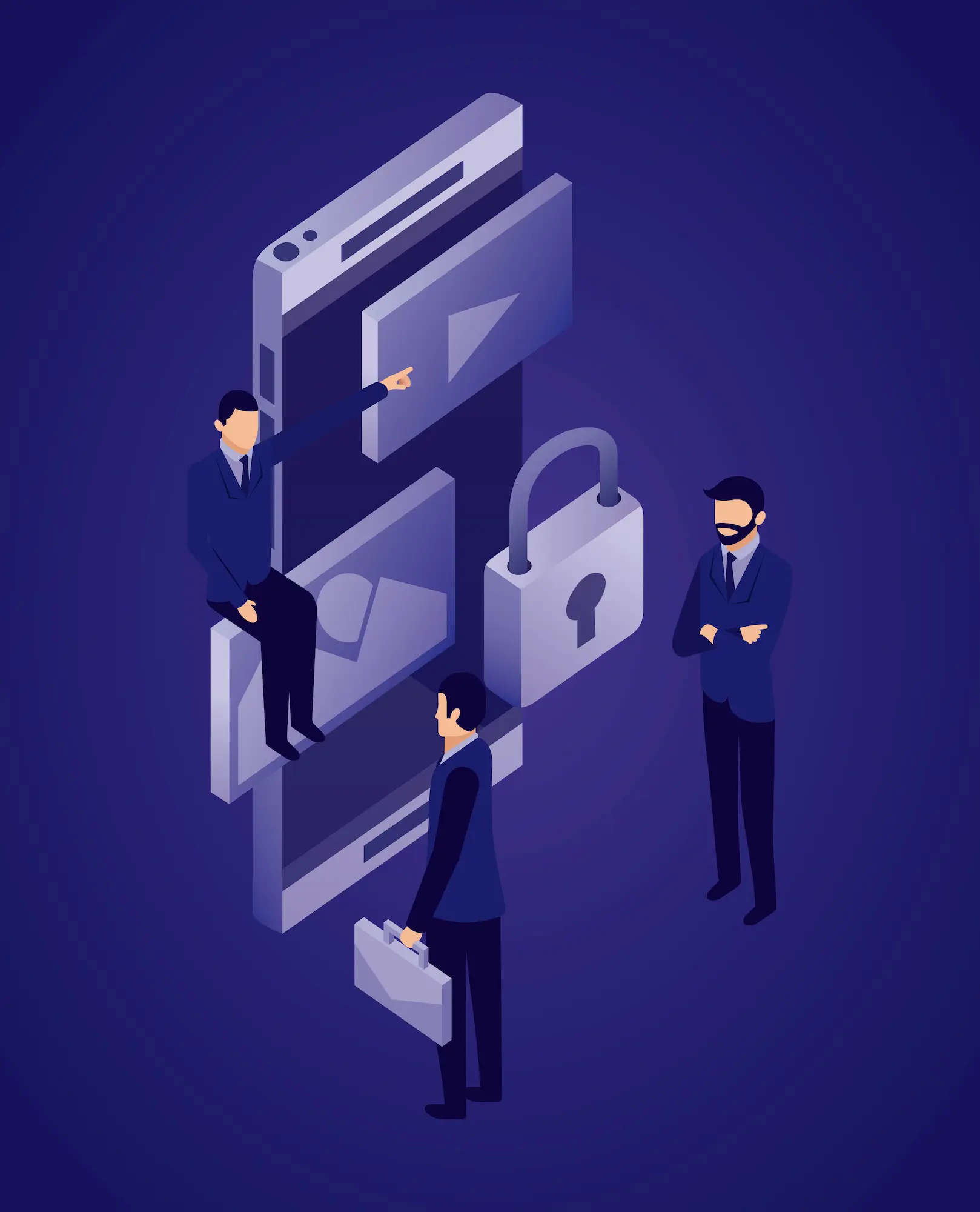 57814 | Cekome Illustration isométrique de trois hommes en costume autour d’une interface mobile avec des icônes de sécurité, vidéo et images sur fond violet