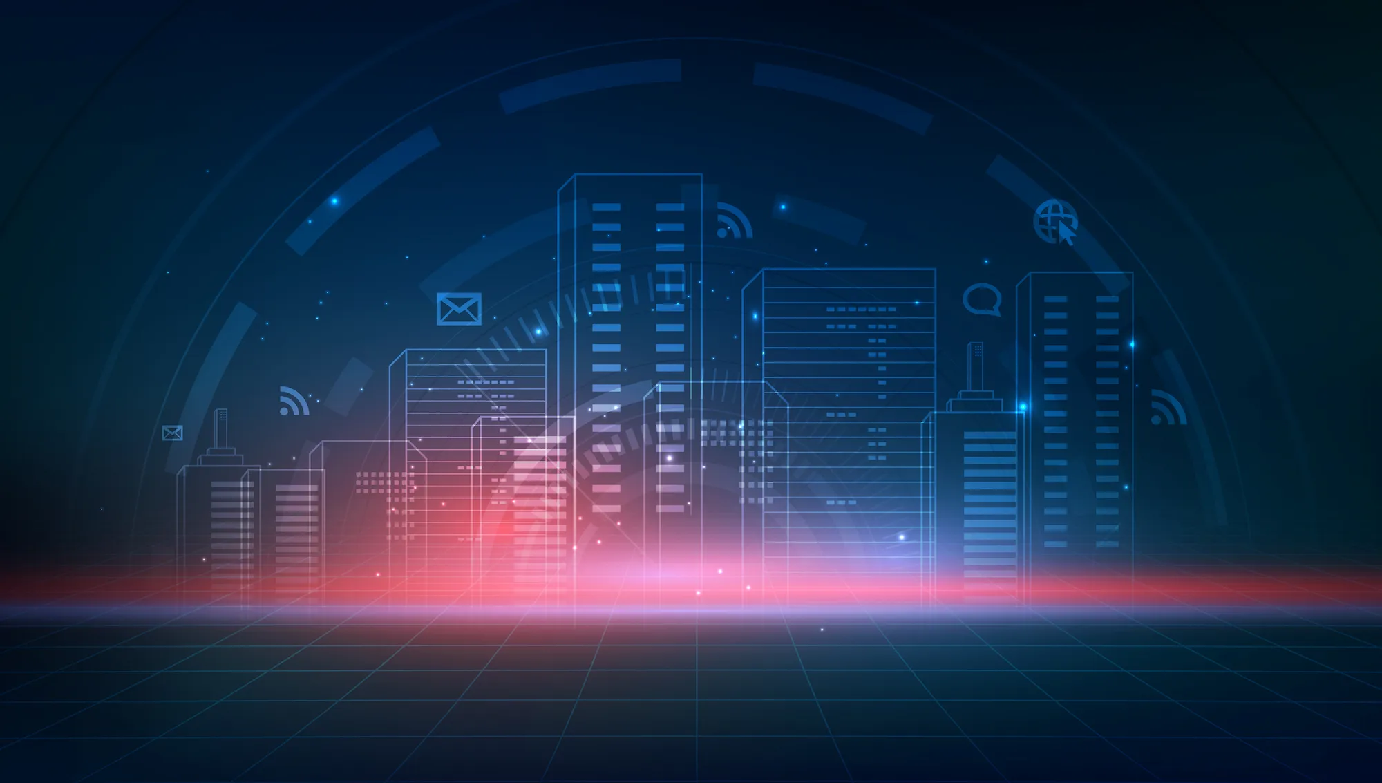 ADOBESTOCK_264562292 | Cekome Illustration futuriste d’une ville intelligente connectée avec des icônes numériques représentant la communication et la connectivité.