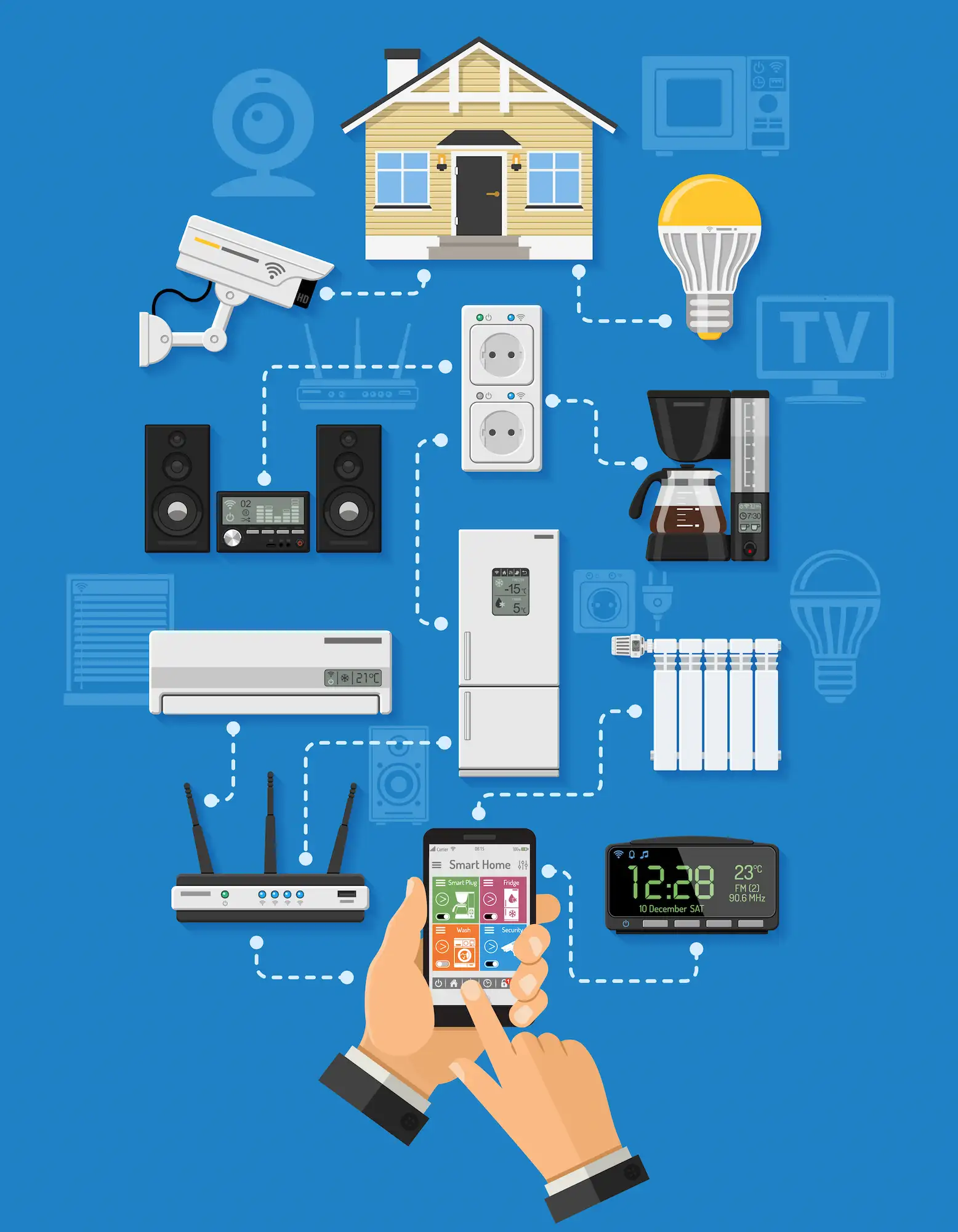 ADOBESTOCK_286086763 | Cekome Illustration d’une maison connectée pilotée depuis un smartphone, représentant les objets IoT interconnectés comme caméra, ampoule, cafetière, thermostat, prises et électroménagers