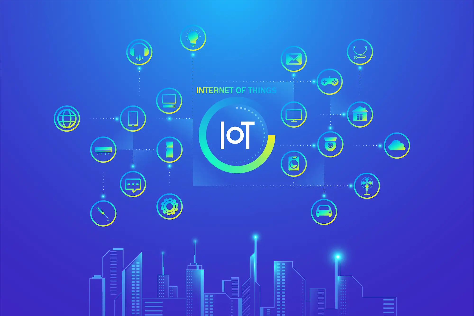 ADOBESTOCK_286620512 | Cekome Représentation graphique de l’Internet des objets (IoT) avec icônes connectées sur fond bleu, illustrant un écosystème intelligent intégrant santé, domotique, transport et cloud
