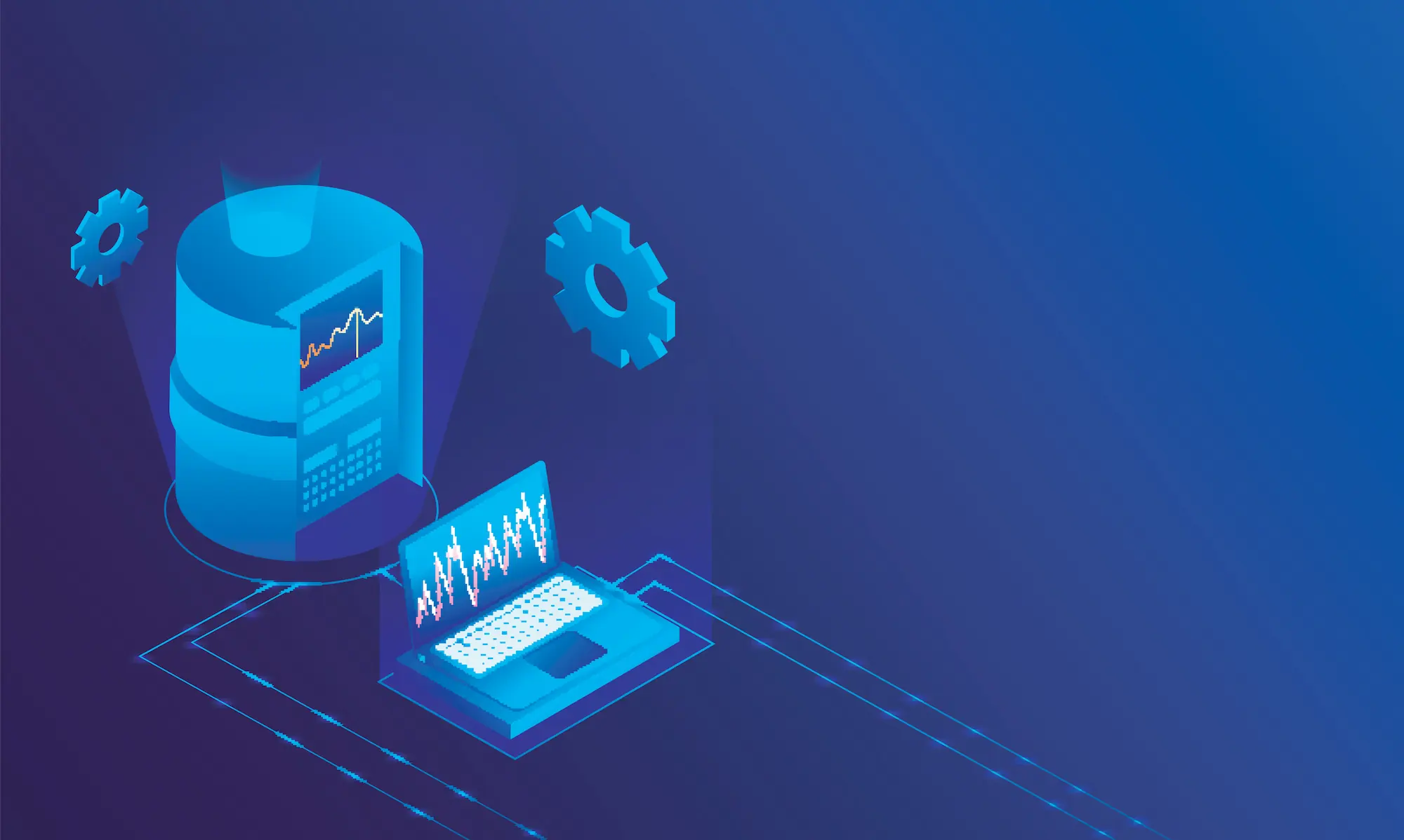 ADOBESTOCK_294371030 | Cekome Illustration isométrique d’un serveur de données connecté à un ordinateur portable affichant des graphiques analytiques, sur fond bleu technologique.