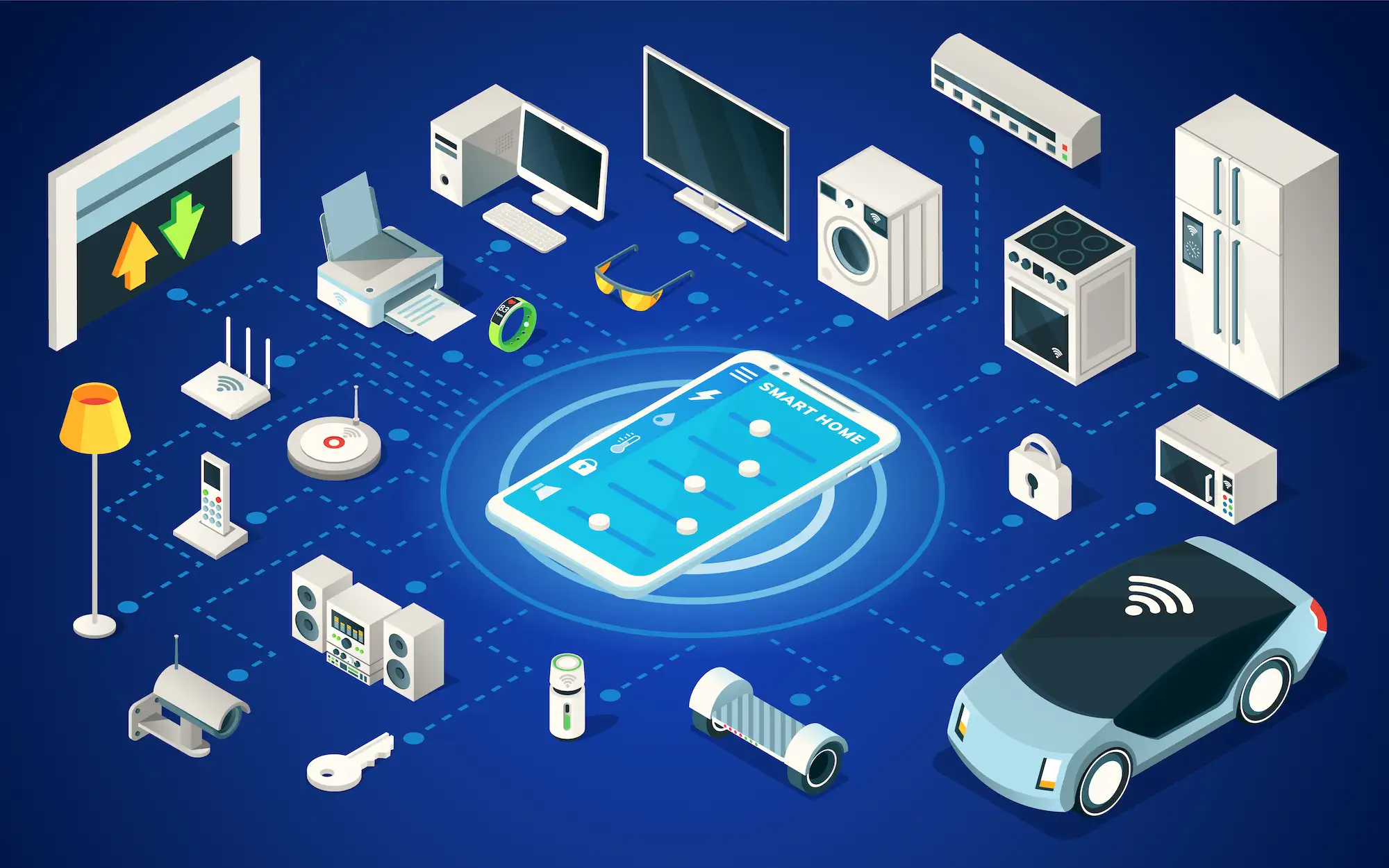 ADOBESTOCK_295794258 | Cekome Illustration d’un smartphone centralisant le contrôle d’objets connectés d’une maison intelligente, comme électroménagers, voiture, caméra et luminaires.