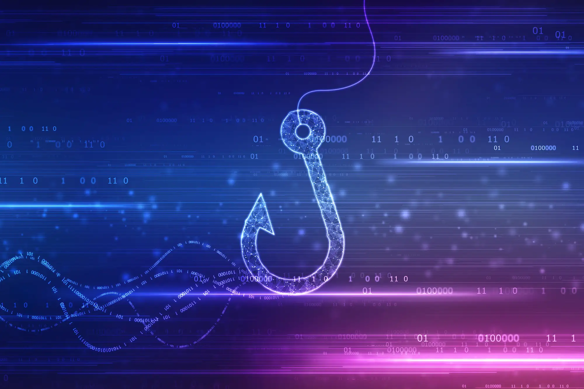 ADOBESTOCK_541911876 | Cekome Illustration d’un hameçon numérique représentant une attaque de phishing sur fond de code binaire en dégradé bleu et violet.