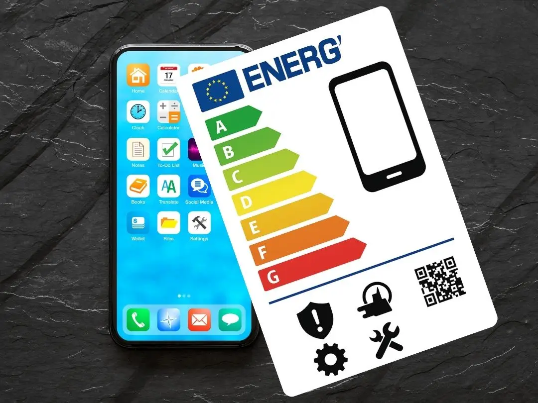 Smartphone affichant des applications, accompagné d'une étiquette énergie européenne classant l'efficacité énergétique de A à G