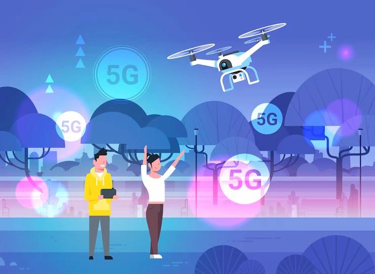 Couple utilisant une télécommande pour piloter un drone, illustrant la connexion 5G et les nouvelles générations d’agents télécommandés innovants