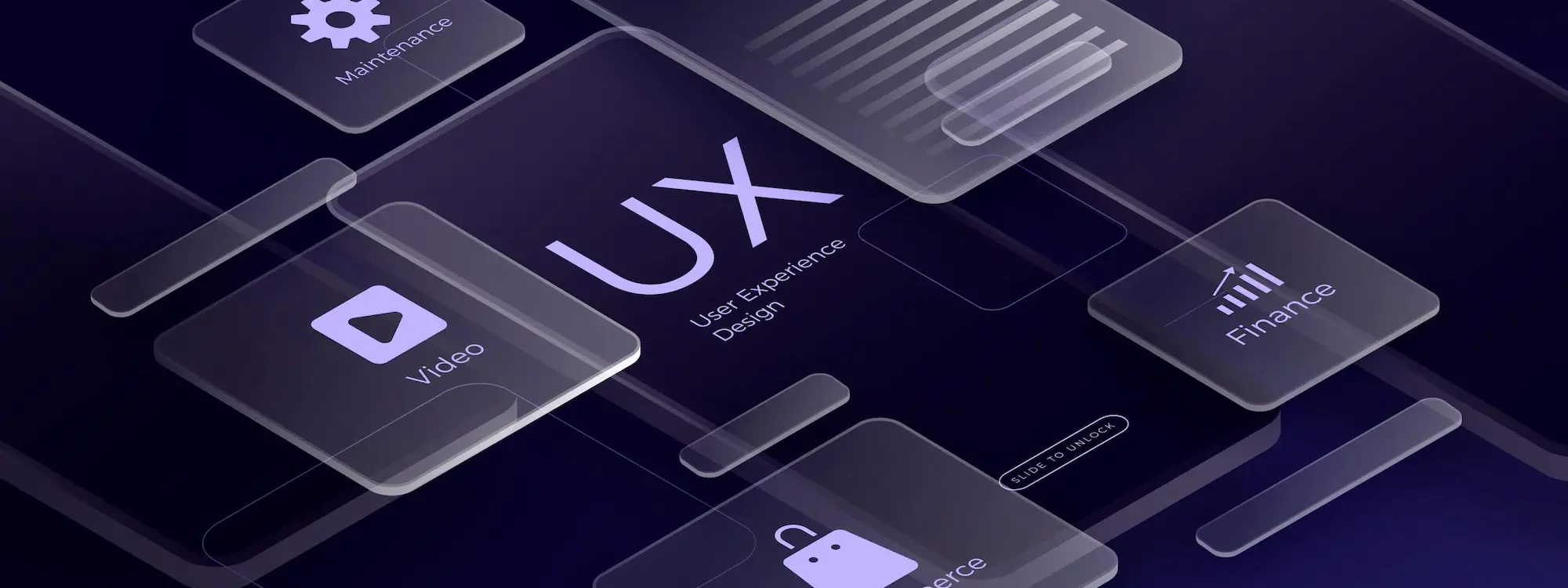 Illustration d’une interface UX design avec icônes transparentes représentant différents secteurs comme e-commerce, finance, maintenance et vidéo