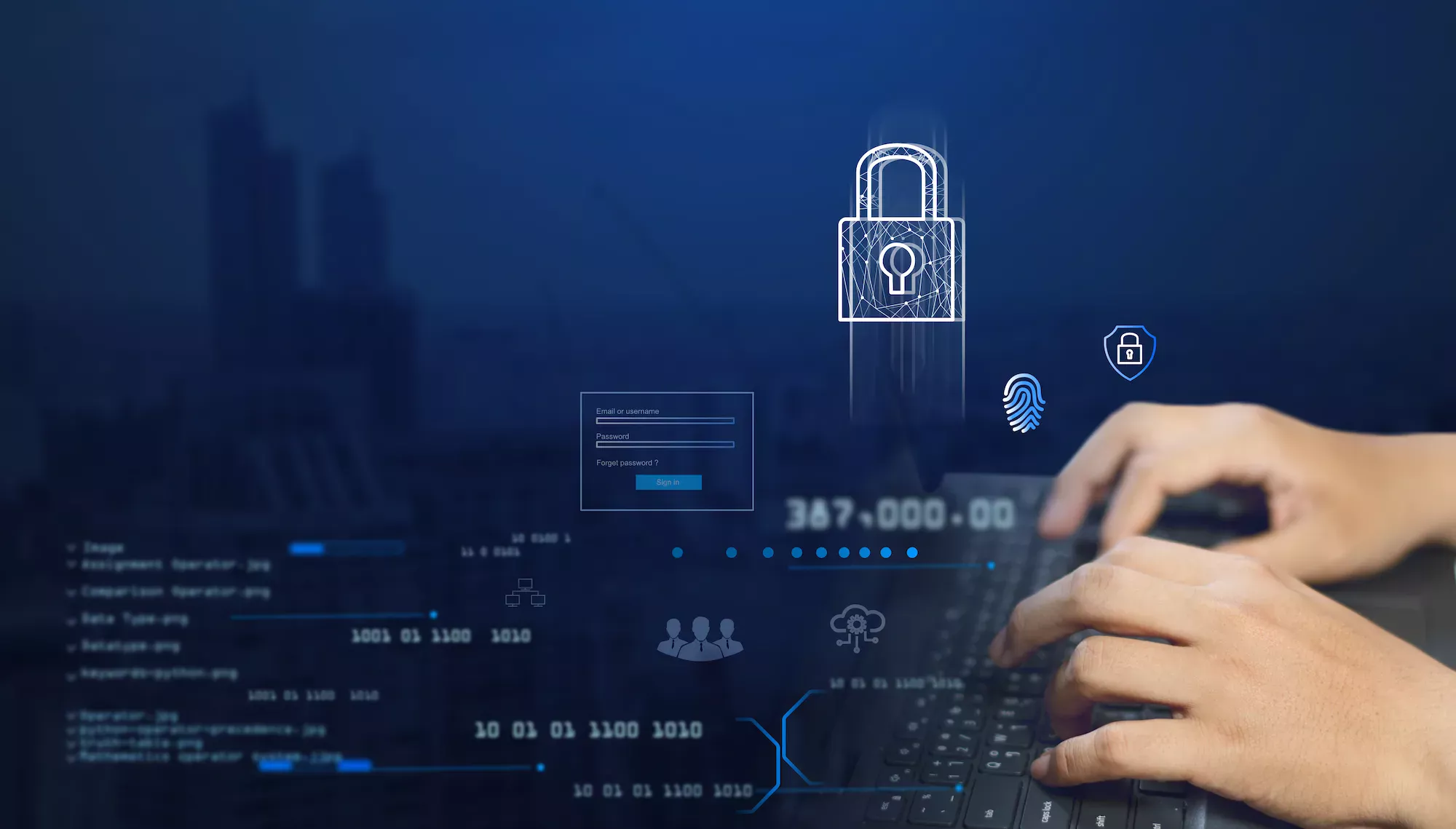ADOBESTOCK_712063719 | Cekome Mains tapant sur un clavier avec icônes de sécurité numérique, illustrant la connexion sécurisée et la cybersécurité.