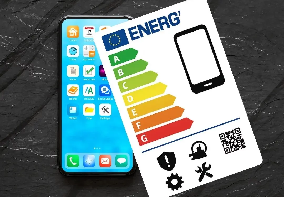 Smartphone affichant des applications, accompagné d'une étiquette énergie européenne classant l'efficacité énergétique de A à G