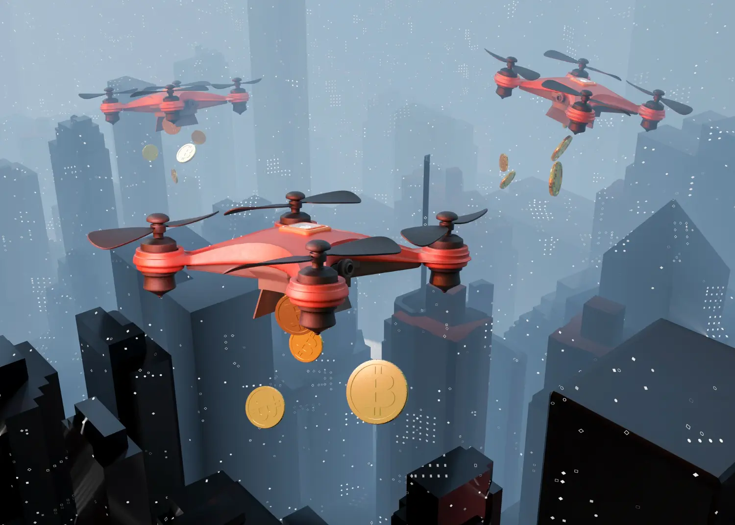 2149758079 | Cekome Illustration de drones rouges volant au-dessus d’une ville futuriste en dispersant des pièces de bitcoin, symbolisant la convergence entre finance décentralisée et agents autonomes