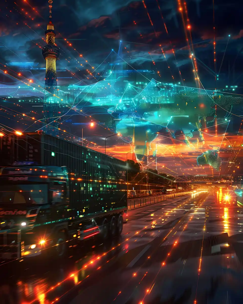 2151662929 | Cekome Camion roulant de nuit dans une ville futuriste avec surimpression de réseaux numériques, illustrant la logistique intelligente et les agents autonomes interconnectés