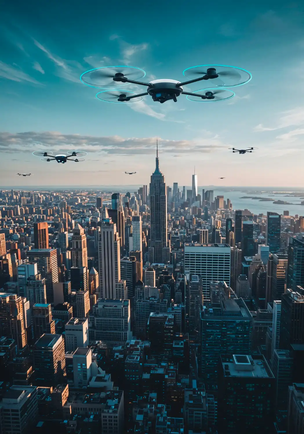 Essaim de drones futuristes survolant une grande ville avec gratte-ciel, symbolisant l’essor des agents autonomes dans l’espace urbain