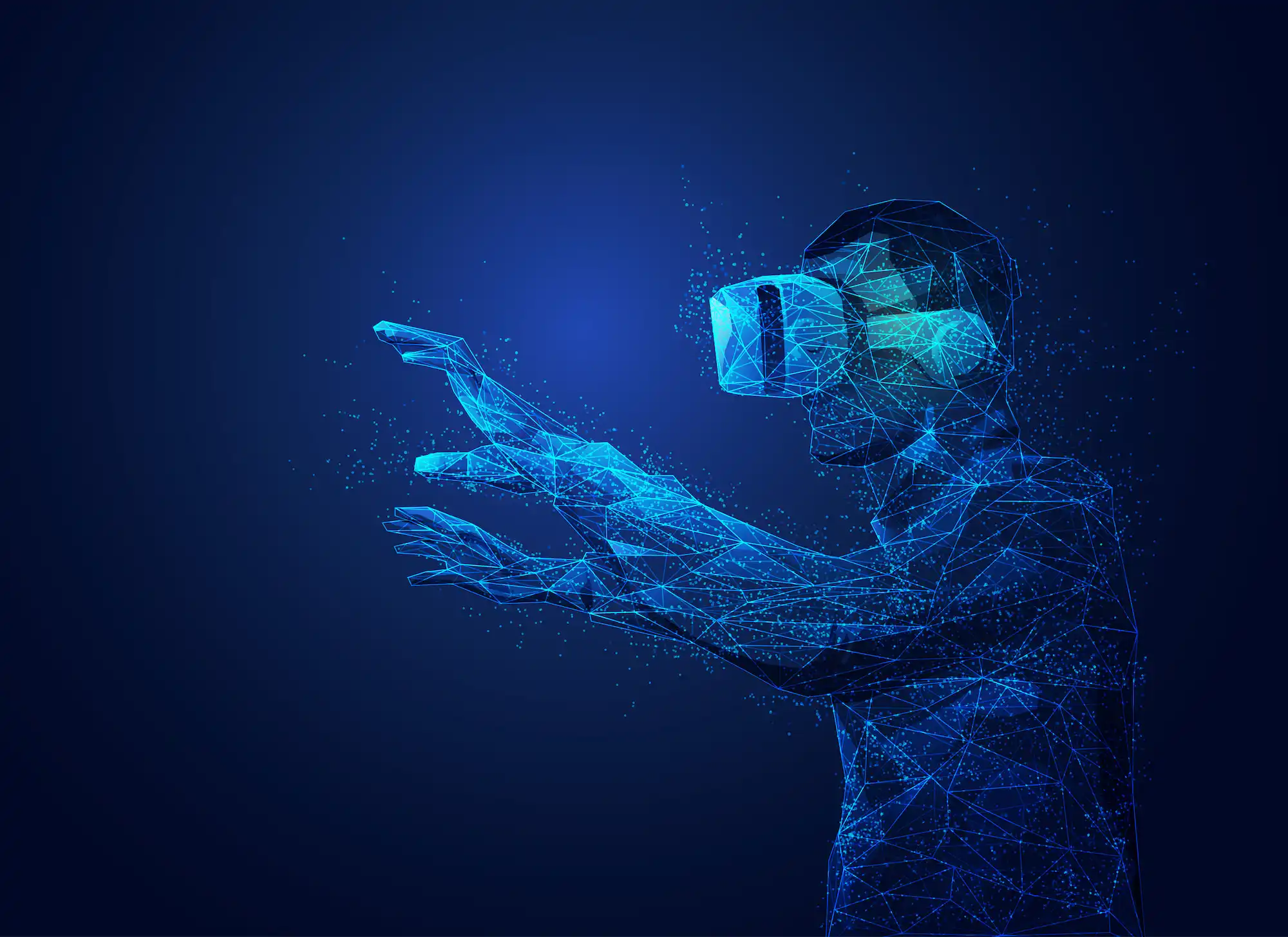 Silhouette numérique d’un homme portant un casque VR et interagissant dans un environnement virtuel immersif