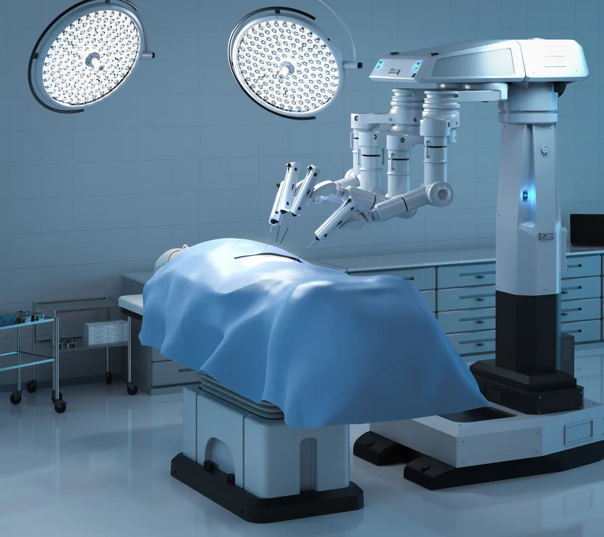 ADOBESTOCK_328673178 | Cekome Bloc opératoire moderne avec un robot chirurgical réalisant une opération sur un patient allongé
