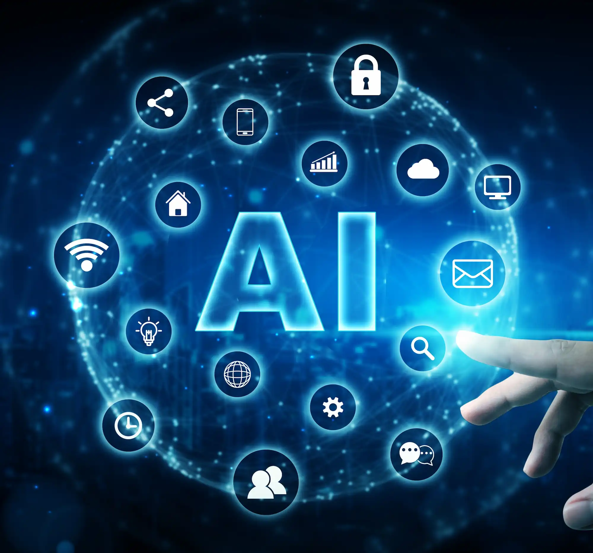 ADOBESTOCK_386294637 | Cekome Main pointant vers une interface numérique avec le mot AI entouré d’icônes technologiques sur fond futuriste.