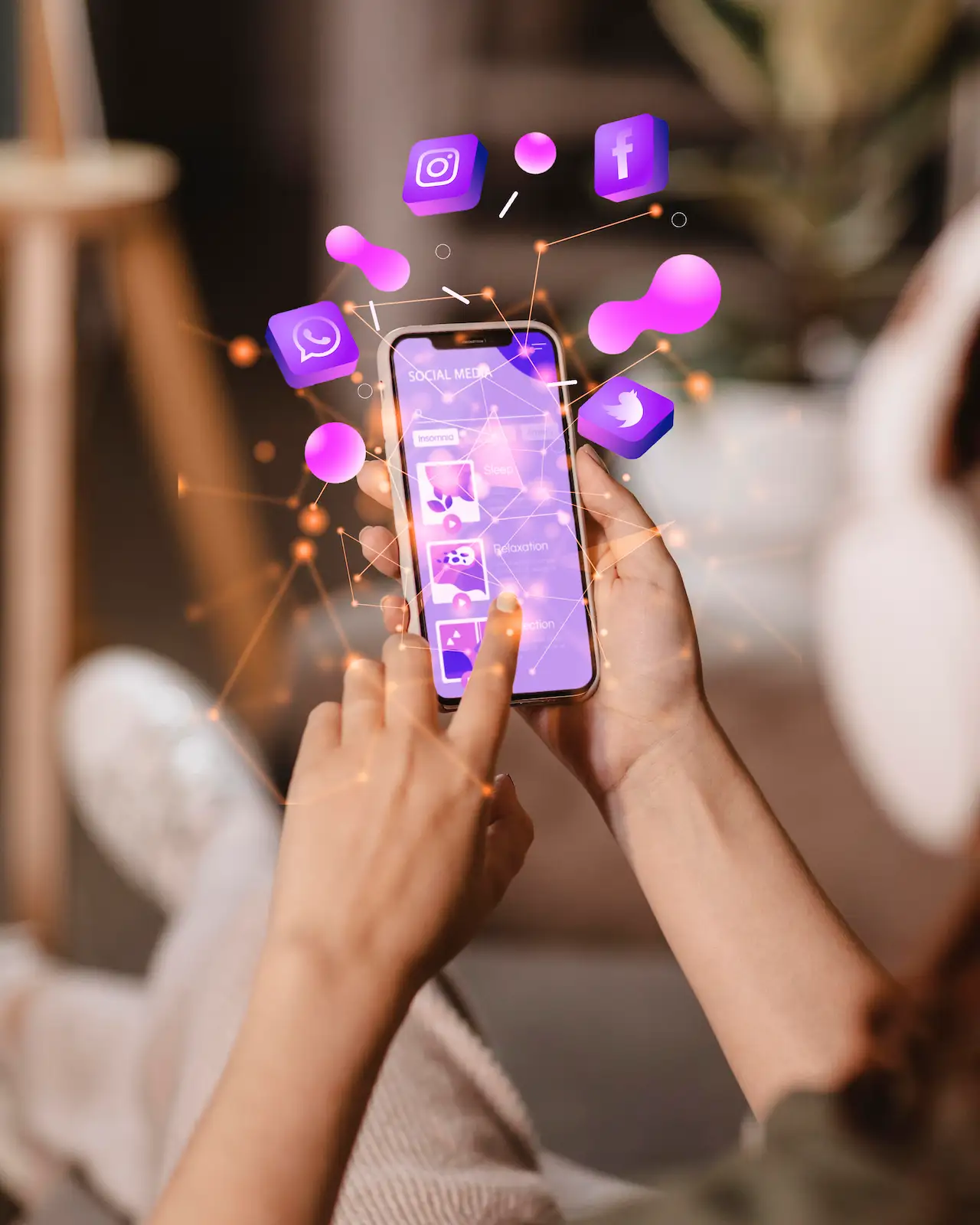 Utilisation d’un smartphone pour naviguer sur les réseaux sociaux avec des icônes 3D flottantes, illustrant la connectivité numérique immersive