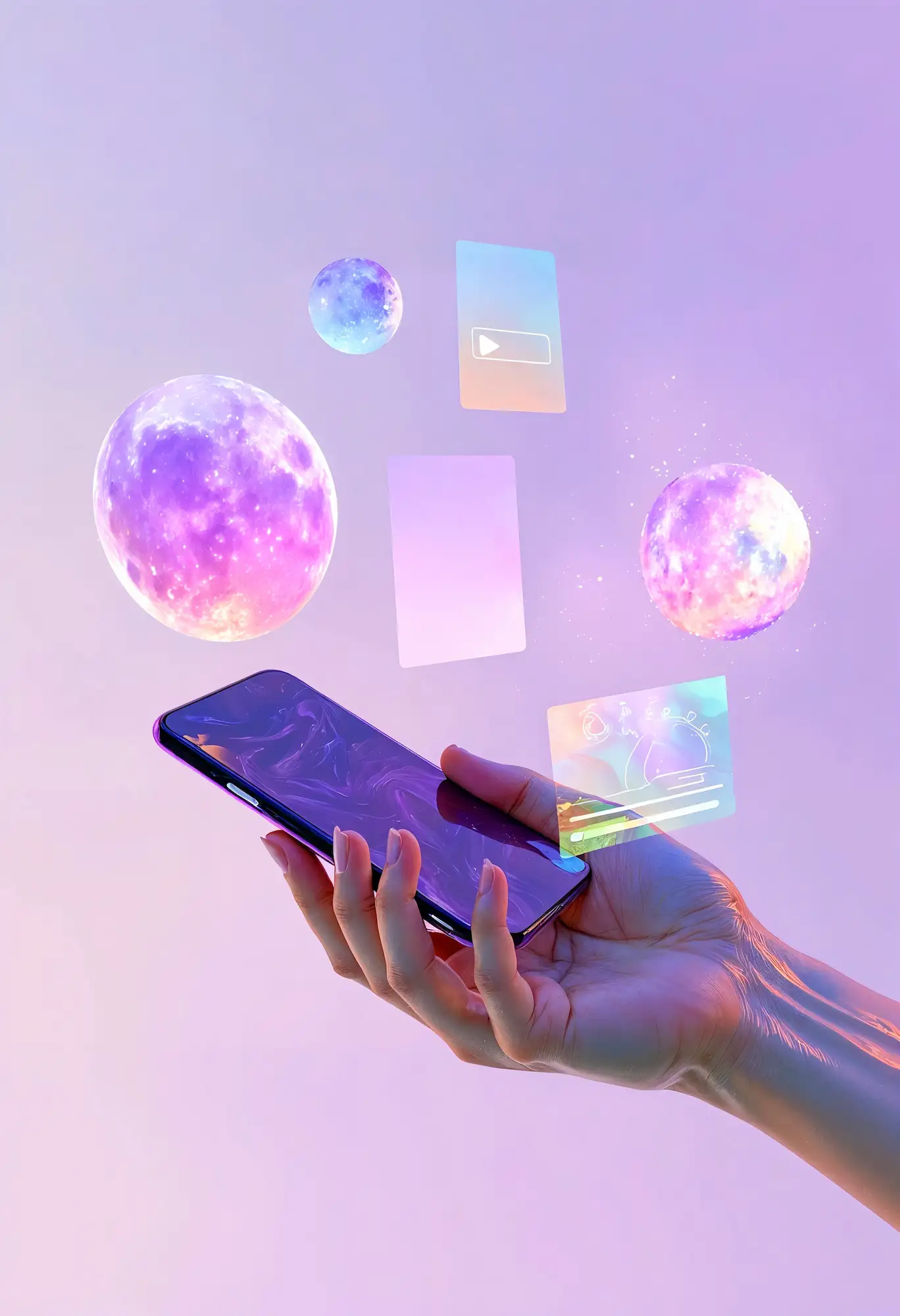 Main tenant un smartphone avec éléments holographiques flottants et planètes colorées, symbolisant l’univers numérique immersif et connecté du métavers