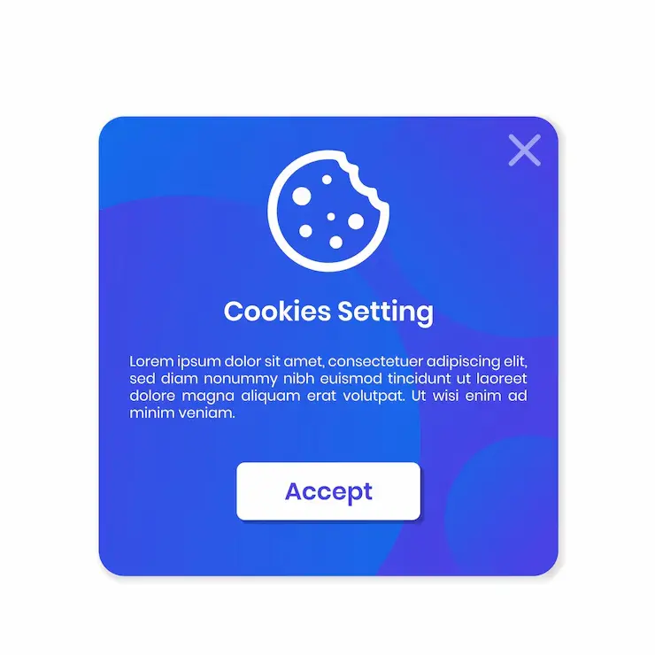 Fenêtre contextuelle bleue avec une icône de cookie et un bouton « Accept » pour les paramètres de cookies