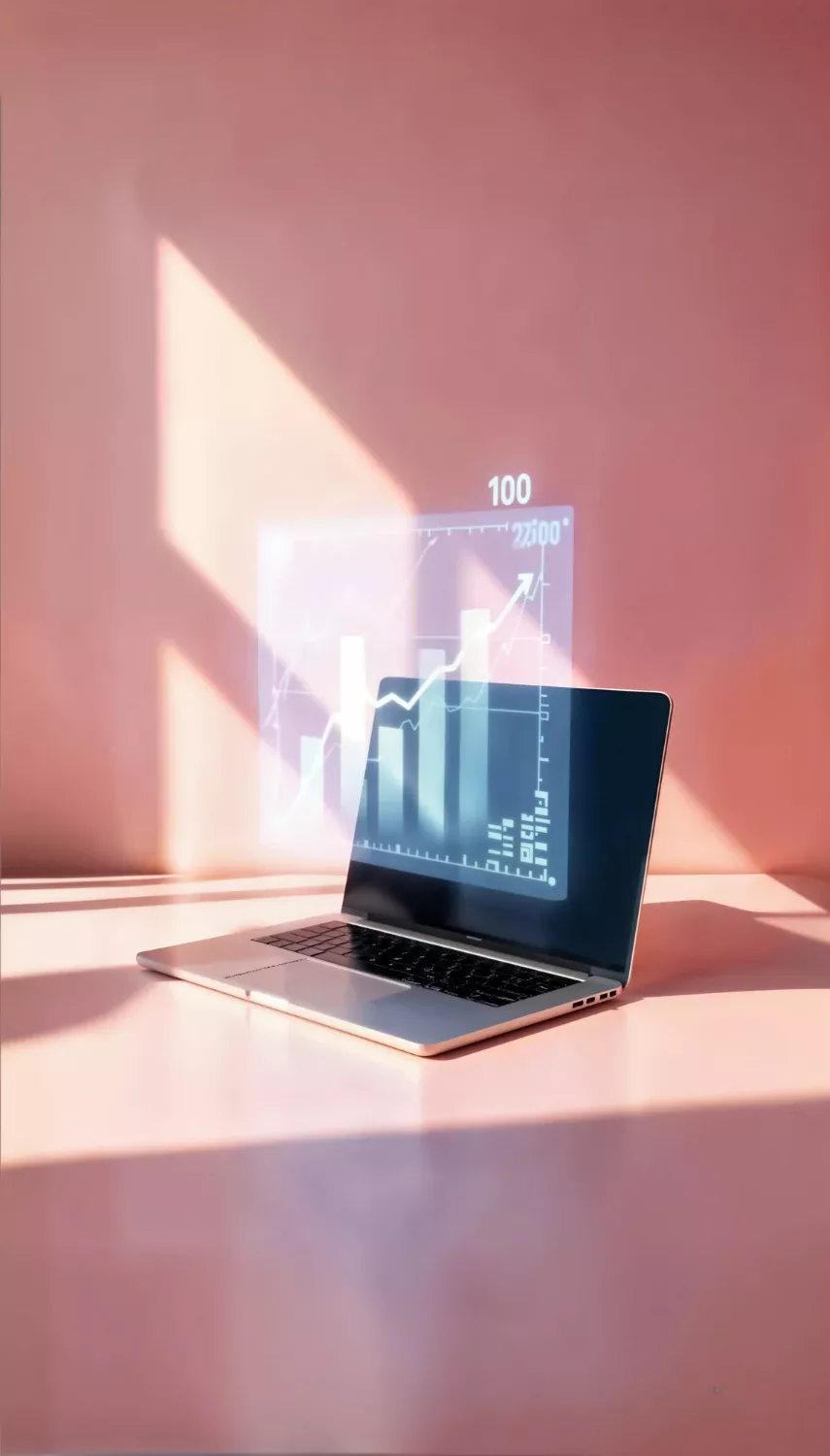 2151833339 | Cekome Ordinateur portable sur fond rose avec hologramme de graphique financier en hausse, symbolisant l’analyse automatisée et les performances des agents intelligents