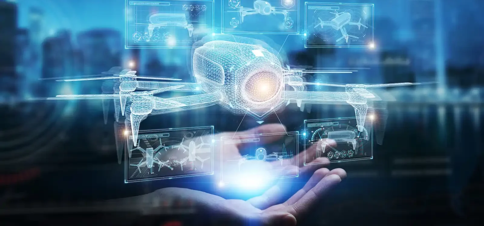 Main tenant un hologramme de drone avec interfaces virtuelles, représentant un agent autonome futuriste contrôlé par intelligence artificielle