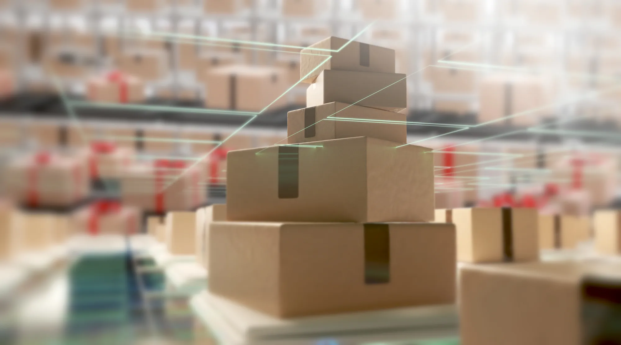 Pile de colis connectés dans un entrepôt intelligent illustrant la logistique automatisée par des agents autonomes