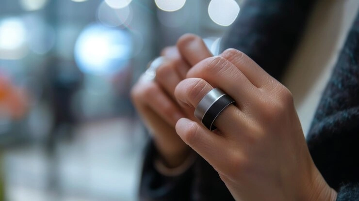 BAGUE A LA MAIN CONNECTEE | Cekome Gros plan sur une main portant une bague connectée argentée au design épuré, en environnement urbain flou