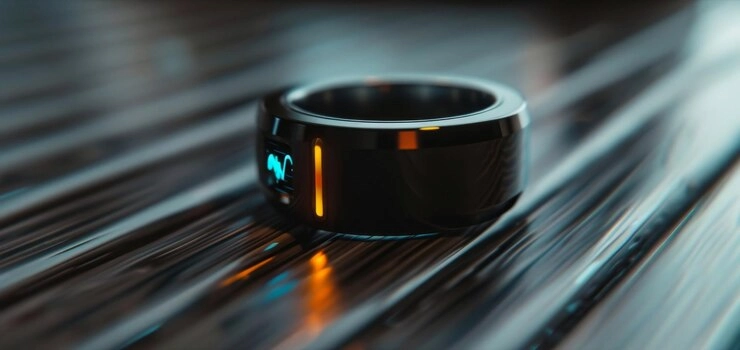BAGUE CONNECTEE | Cekome Bague connectée noire posée sur une surface brillante, affichant des données biométriques sur un écran latéral
