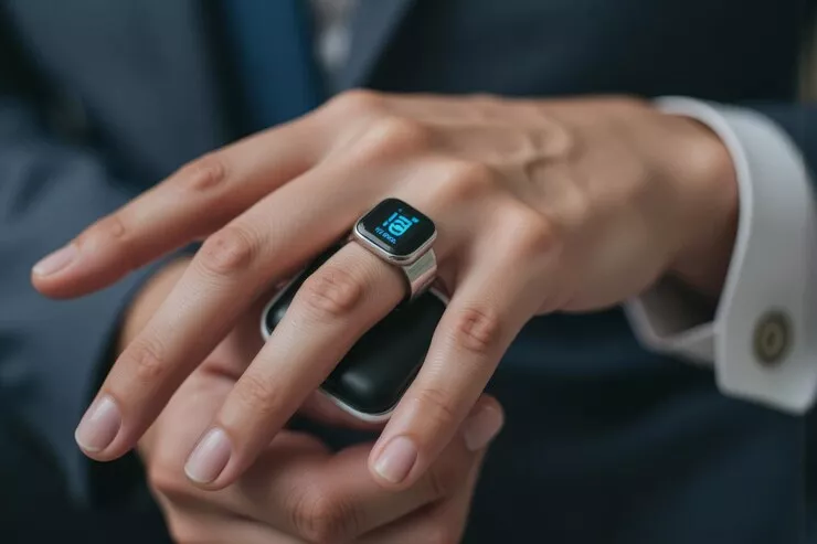 Main portant une bague connectée affichant des données de santé sur un petit écran digital