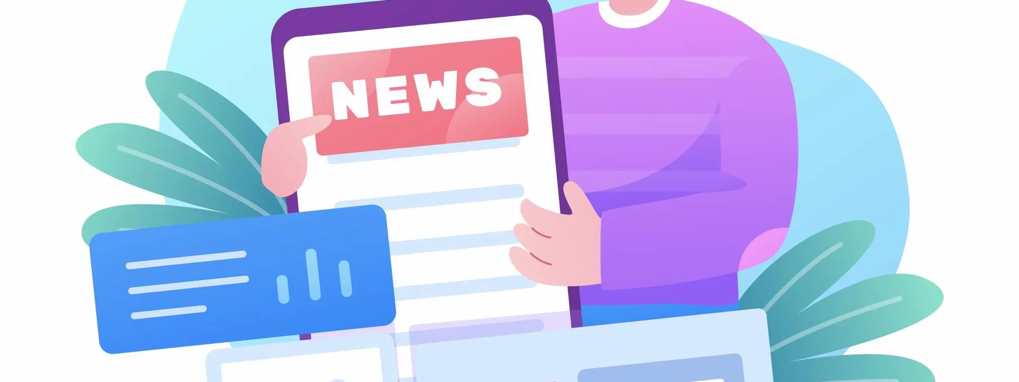 Illustration d&rsquo;un homme consultant des actualit&eacute;s sur une tablette avec diverses cartes d&rsquo;information et graphiques