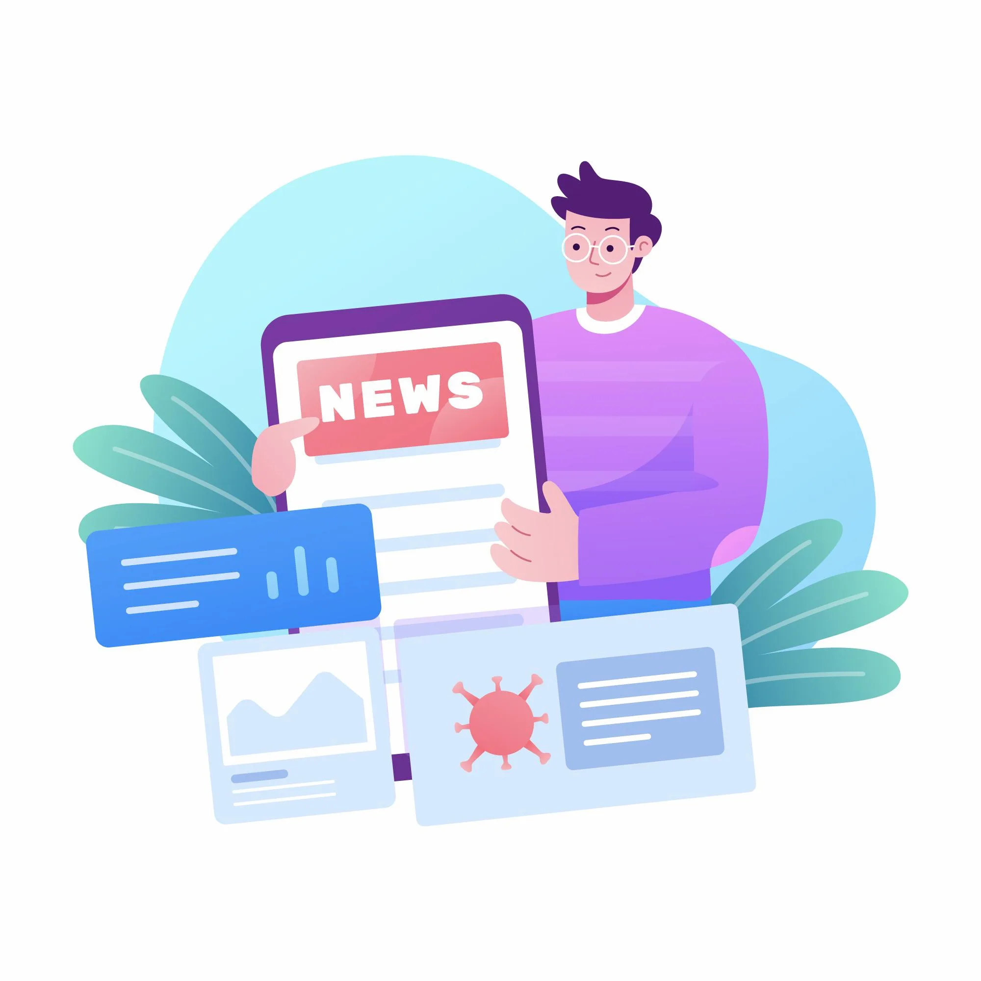 Illustration d’un homme consultant des actualités sur une tablette avec diverses cartes d’information et graphiques