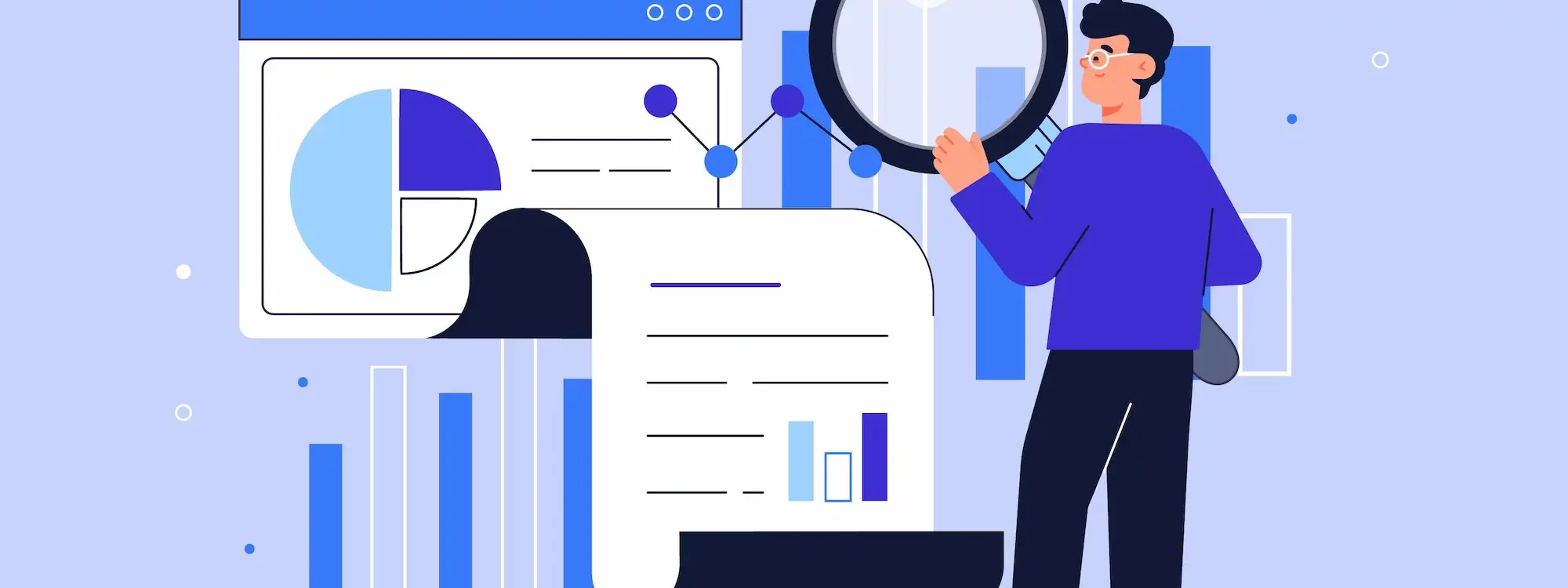 Illustration d'un homme analysant des donn&eacute;es avec une loupe devant des graphiques et un rapport num&eacute;rique