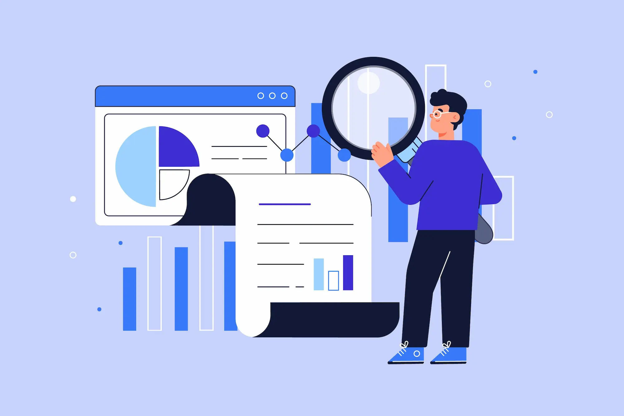 Illustration d'un homme analysant des donn&eacute;es avec une loupe devant des graphiques et un rapport num&eacute;rique