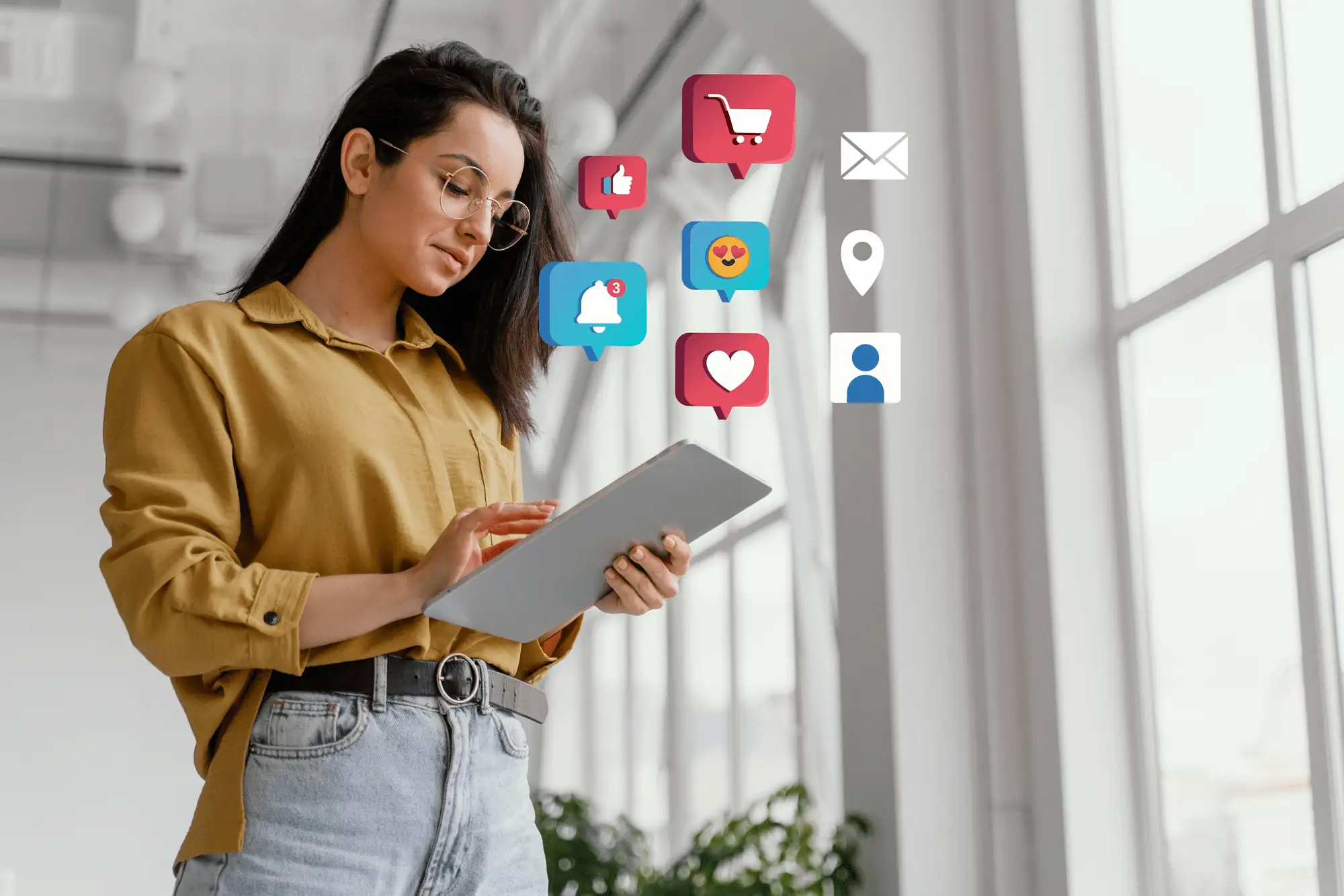 2150063134 | Cekome Femme utilisant une tablette avec des icônes de notifications et réseaux sociaux en réalité augmentée