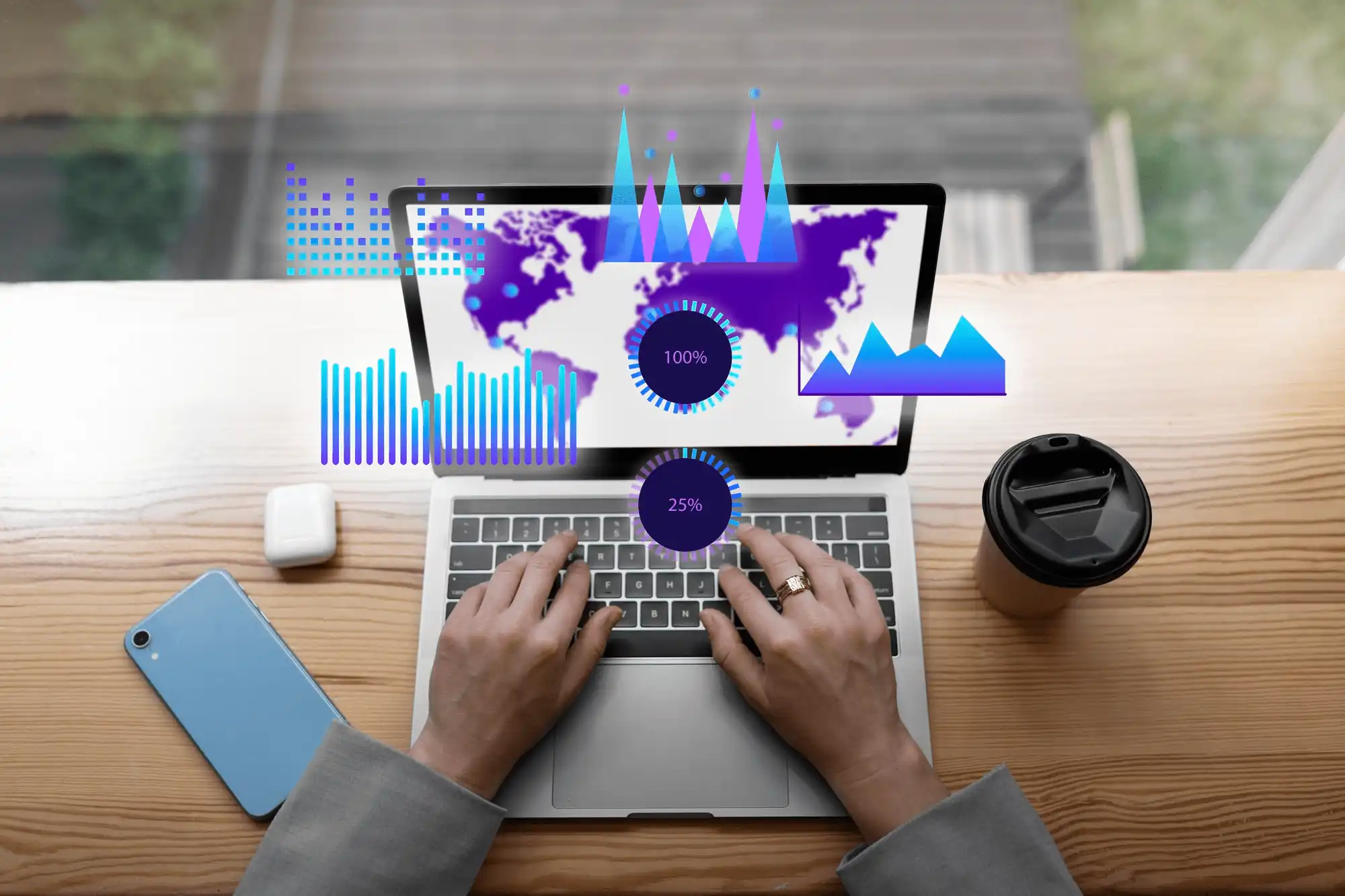 2150165983 | Cekome Mains tapant sur un ordinateur portable affichant une carte du monde et des graphiques de données analytiques en réalité augmentée