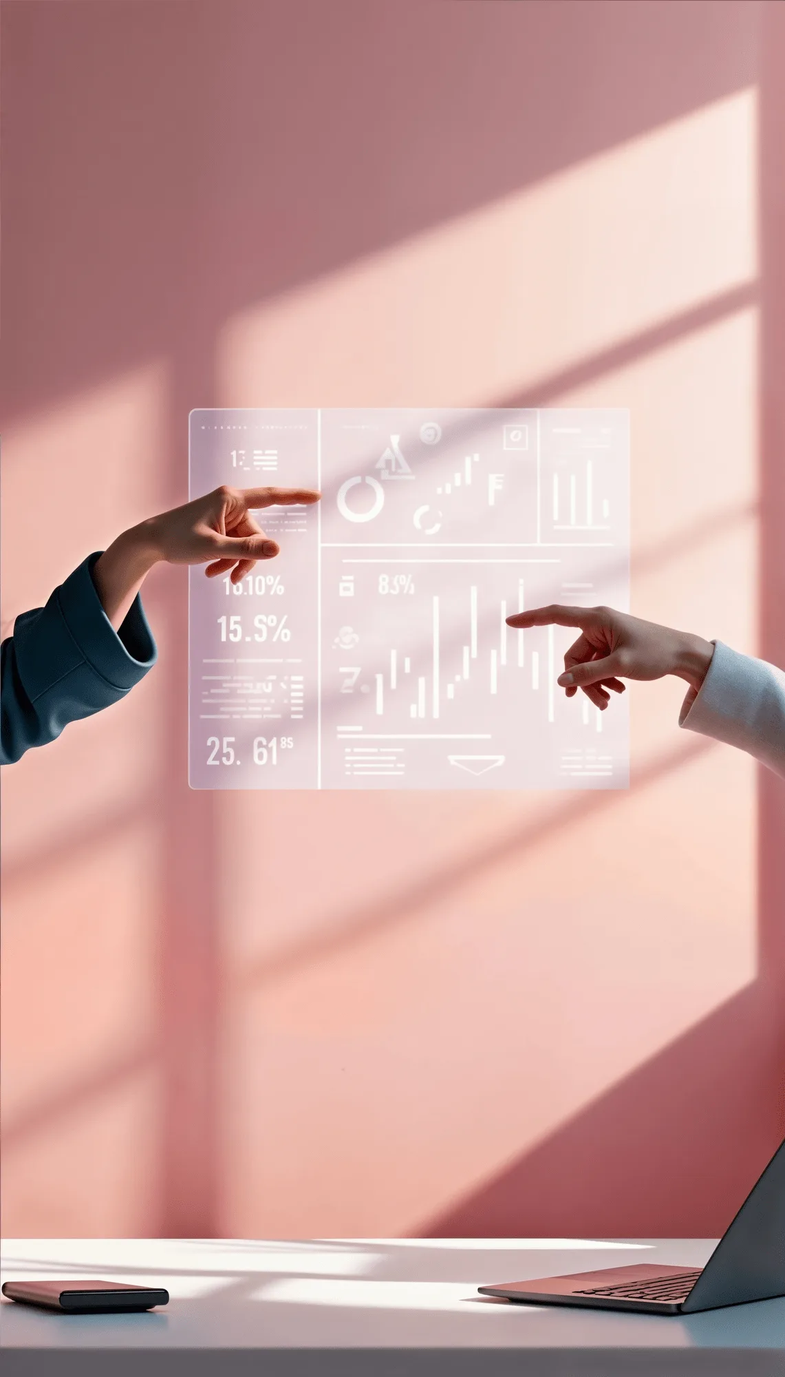 Deux personnes interagissant avec une interface de CRM intelligent en r&eacute;alit&eacute; augment&eacute;e affichant des donn&eacute;es analytiques sur fond rose