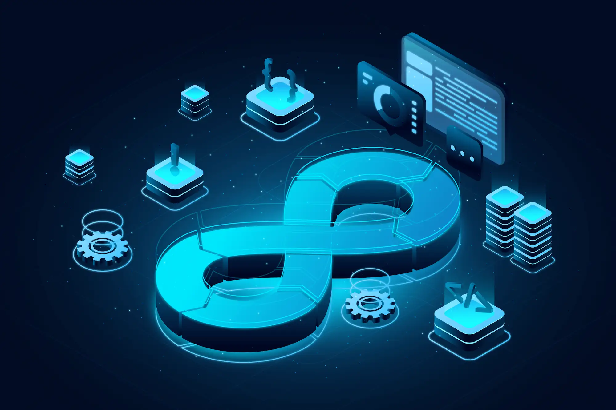 Illustration 3D du cycle DevOps en forme d’infini avec des icônes technologiques et outils numériques autour