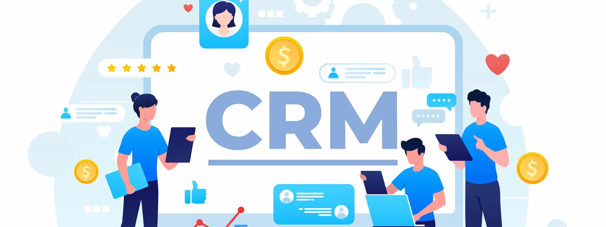 Illustration d&rsquo;&eacute;quipe travaillant avec un CRM intelligent pour optimiser la gestion de la relation client et les performances commerciales